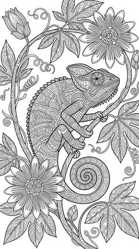 Zentangle Chameleon and Passionflower Coloring Page