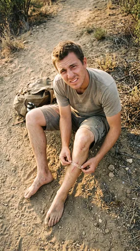 Barefoot Hiker Putting Bandage on Shin