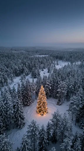 Illuminated Tree in Snowy Twilight Forest