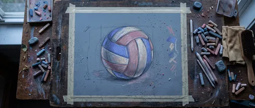 Pastel Volleyball Drawing on Artist Desk