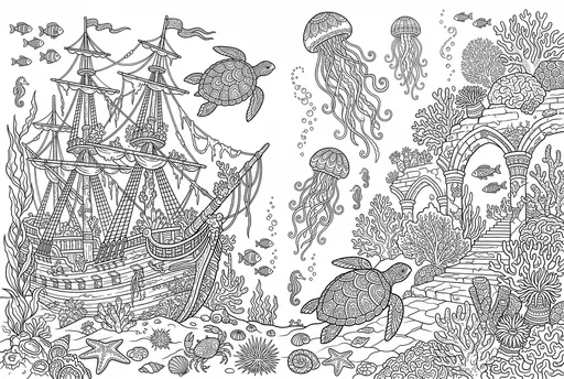Underwater Shipwreck and Coral Reef Coloring Page