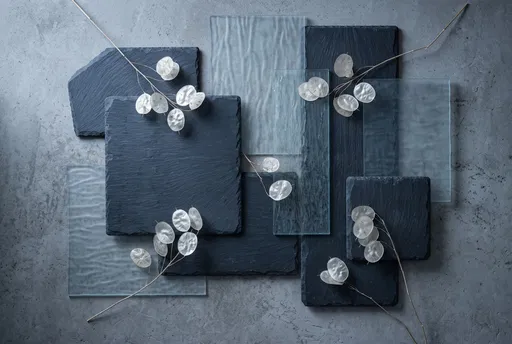 Slate, Frosted Glass, and Lunaria Flat Lay