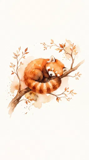 Watercolor Sleeping Red Panda on Branch