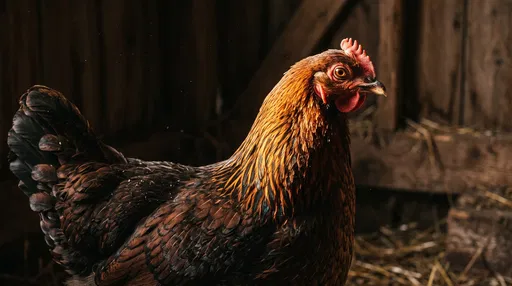 Copper Hen Portrait in Dim Wooden Barn