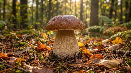 Porcini Mushroom on Autumn Forest Floor