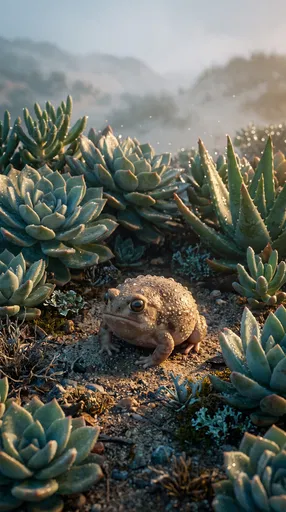Rain Frog Among Dewy Desert Succulents