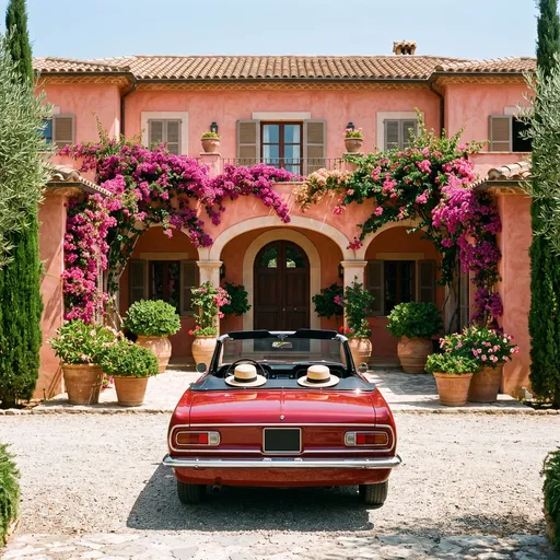Red Convertible Outside Pink Mediterranean Villa