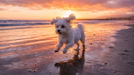 Maltese Dog Running on Sunset Beach