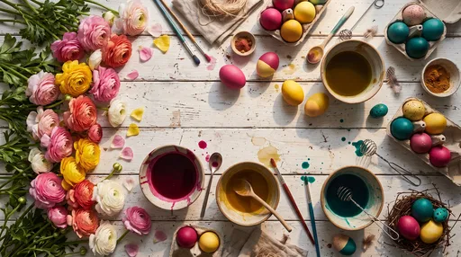 Colorful Easter Egg Dyeing Flat Lay