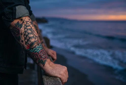 Man's Forearm with Ship Tattoo by Ocean