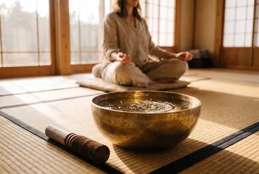 Brass Singing Bowl in Sunlit Meditation Studio