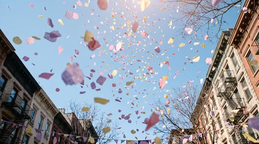 Pastel Confetti Falling Over City Street