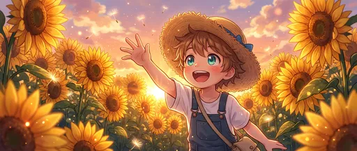 Anime Boy in Sunset Sunflower Field