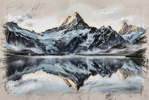 Charcoal and Pastel Mountain Lake Reflection