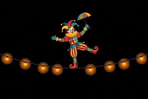 Colorful Jester Balancing on Illuminated Tightrope
