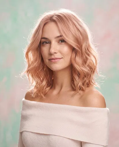 Woman with Wavy Rose-Gold Lob Haircut
