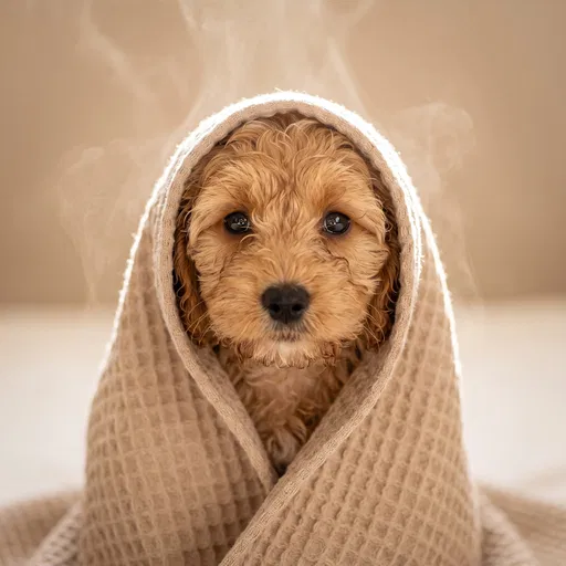 Cockapoo Puppy Wrapped in Beige Towel