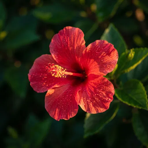 Red Hibiscus Flower in Golden Light