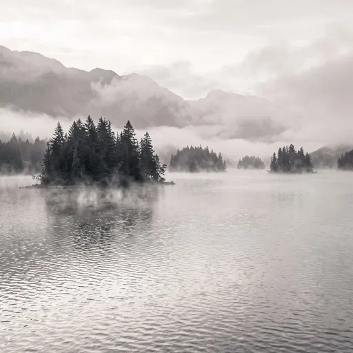 Misty Monochrome Mountain Lake Islands