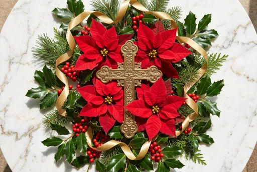 Ornate Brass Cross with Christmas Poinsettias