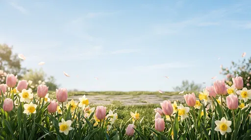 Spring Tulips and Daffodils Under Blue Sky