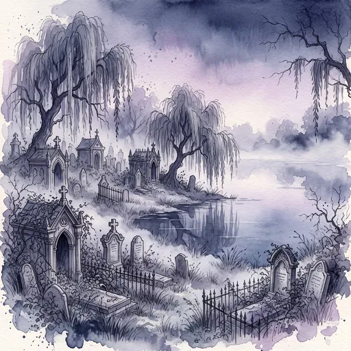 Watercolor Gothic Graveyard Beside Misty Lake