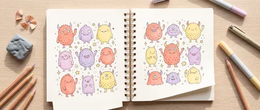 Sketchbook With Cute Pastel Monster Drawings
