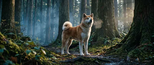 Akita Standing in Misty Forest