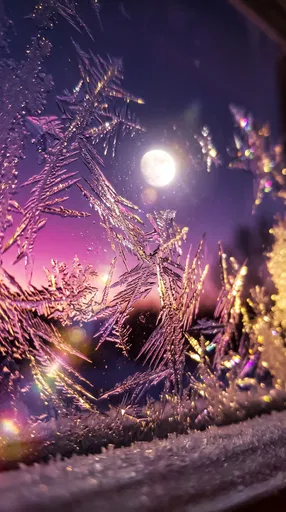 Frost Patterns on Window with Moon