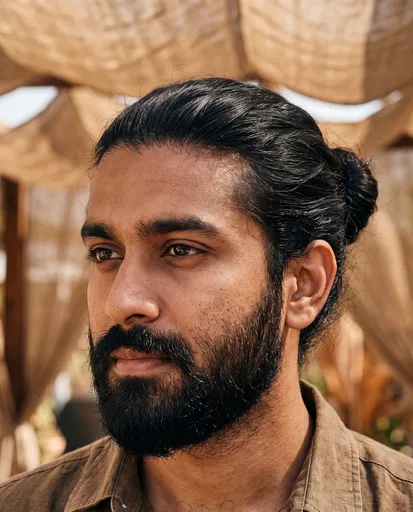 Portrait of Bearded Man With Hair Bun