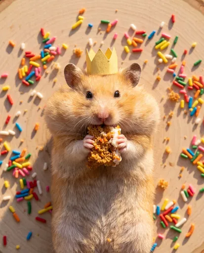 Hamster in Crown Eating Birthday Cake