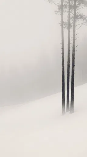 Three Pine Trees in Winter Fog