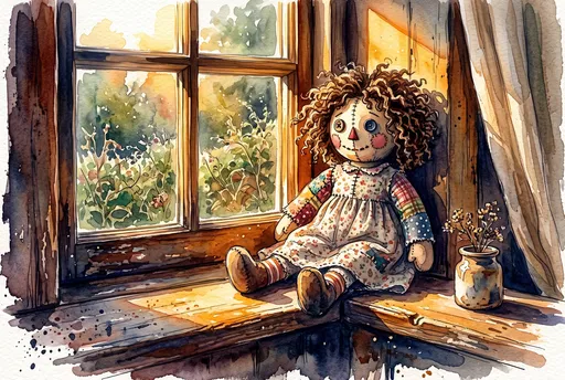 Watercolor Rag Doll on Sunny Windowsill