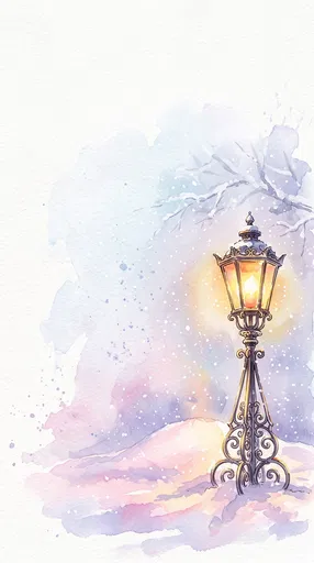 Watercolor Glowing Winter Streetlamp in Snow