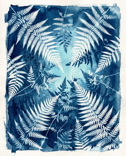 Botanical Cyanotype Fern Silhouettes Illustration