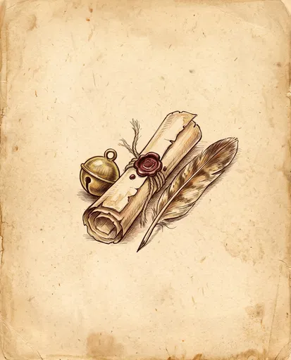 Vintage Scroll, Quill, and Sleigh Bell Illustration