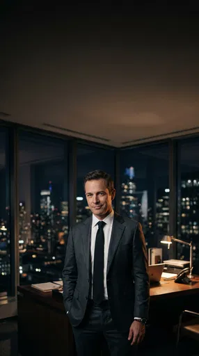 Corporate Executive Smirking in Night Office