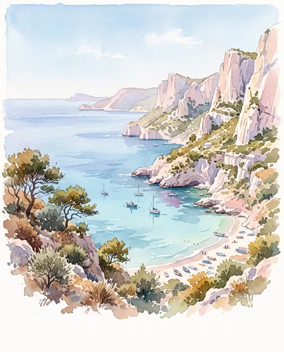 Watercolor Mediterranean Cove with Limestone Cliffs