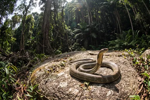 King Cobra Basking on Jungle Rock