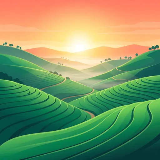Sunrise Over Green Tea Plantation Hills