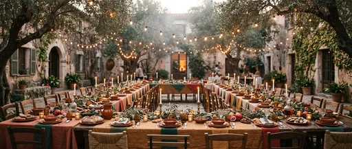 Festive Courtyard Banquet Table Under String Lights