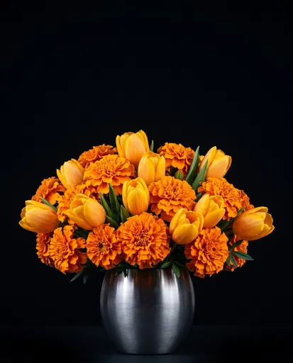 Marigolds and Tulips in Brushed Steel Vase