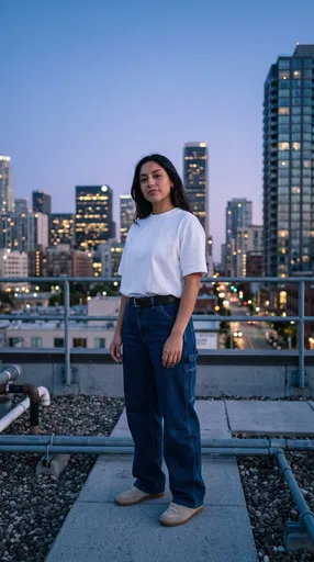 Woman on Urban Rooftop at Dusk
