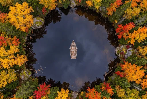 Aerial View of Rowboat in Autumn Pond