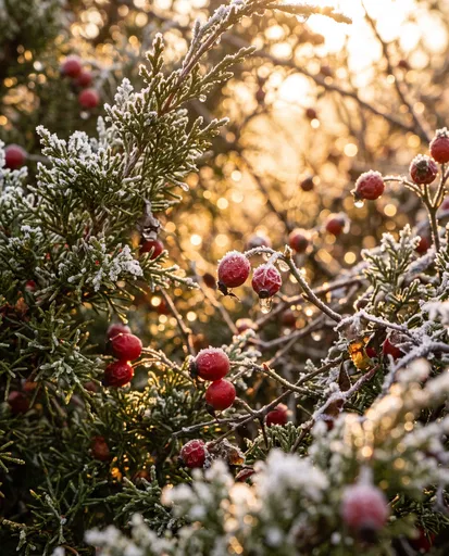 Frosted Juniper and Red Berries in Sunlight