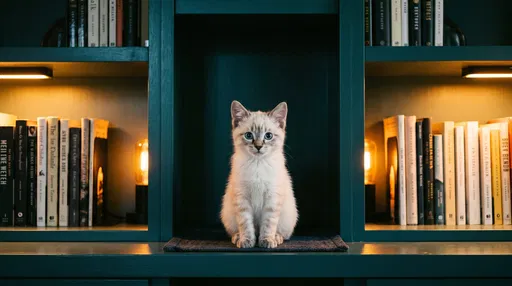 Kitten Sitting in Teal Bookshelf Alcove