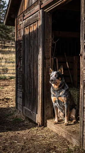 Blue Heeler Sitting in Barn Doorway