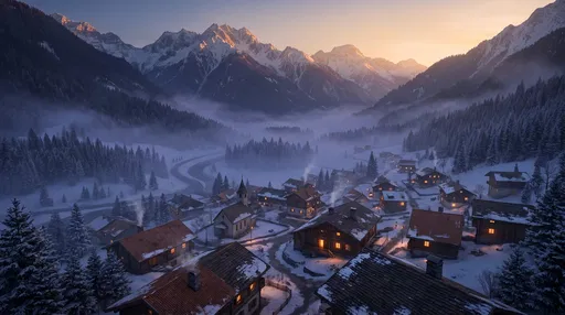 Alpine Village in Snowy Valley at Sunrise