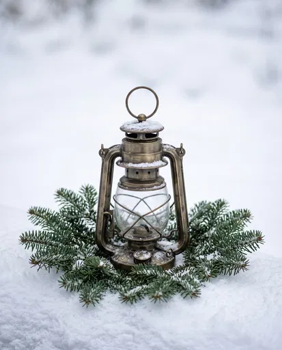 Antique Brass Lantern in Snow with Fir