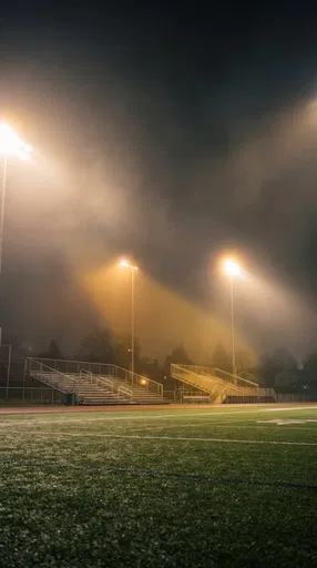 Foggy Night Athletic Field and Bleachers
